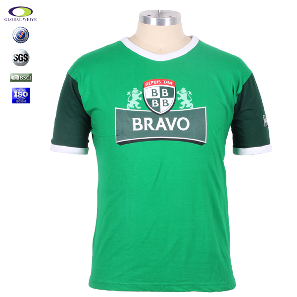 男士绿色团队广告衫异色领白色袖圆领100%纯棉短袖T恤衫定制