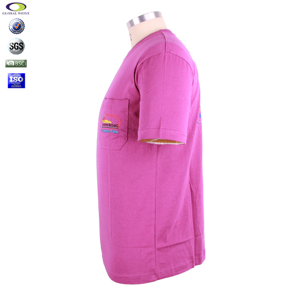 男士玫红色口袋宣传衫印花圆领短袖团队工作服