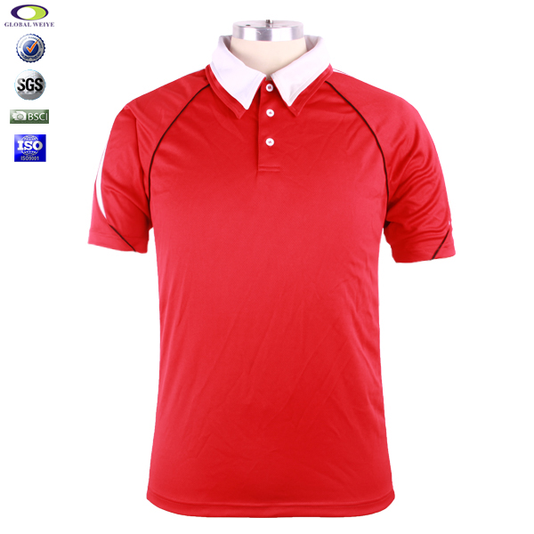 定制男士全涤异色领插肩袖红色空白POLO衫翻领短袖T恤衫