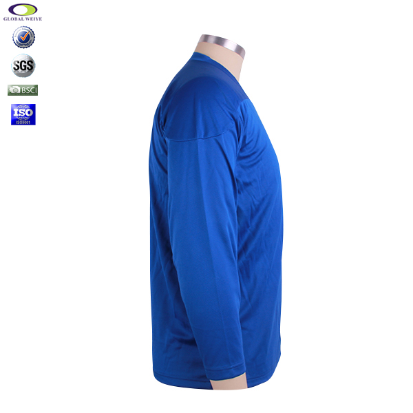 男士蓝色V领插肩空白长袖全涤网眼T恤衫定制厂家