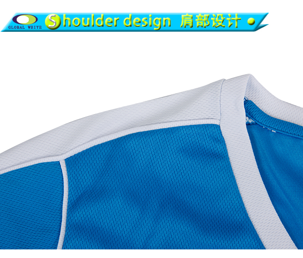 女士V领蓝色空白异色领全涤网眼短袖T恤衫定制工厂