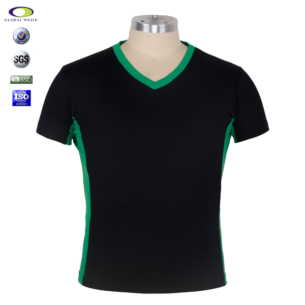 女士V领黑色空白异色领全涤网眼短袖T恤衫定制厂家