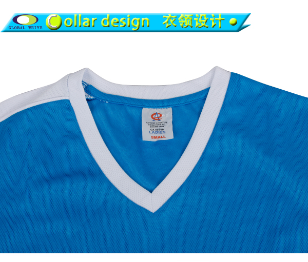 女士V领蓝色空白异色领全涤网眼短袖T恤衫定制工厂