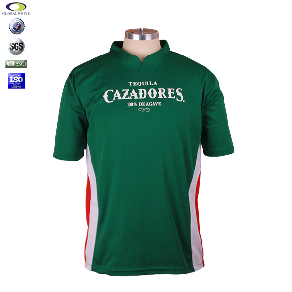 定制男士绿色全涤立领印花短袖T恤衫定制印logo