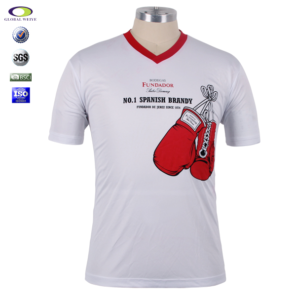 定制男士全涤V领白色印花宣传短袖T恤衫定制厂家
