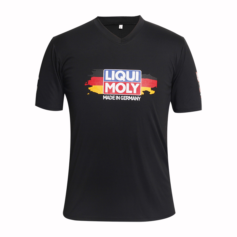 男士黑色全涤字母印花V领短袖T恤衫定制厂家