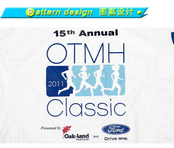 男士蓝色领白色印花全涤圆领短袖T恤衫定制厂家