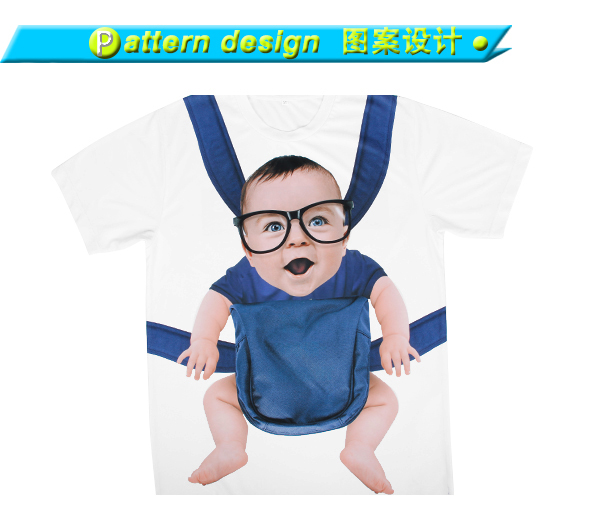 男士全涤白色胸前挂小孩印花圆领短袖T恤衫厂家定制