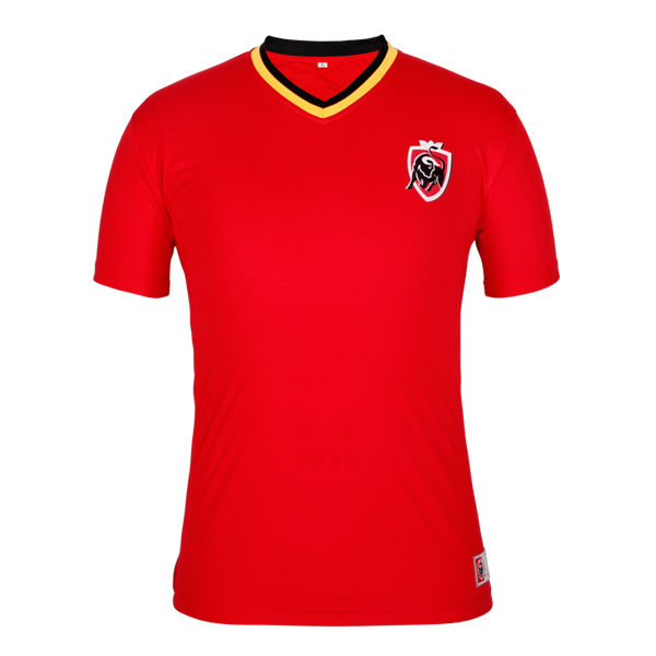 订制男士红色全涤异色领公牛印花短袖T恤衫工作服定做