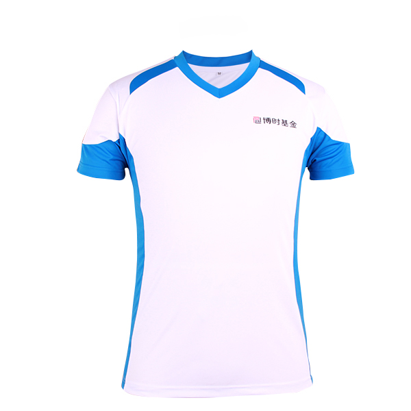 订制白色全涤V领插肩团队字母印花T恤男短袖T恤衫运动服