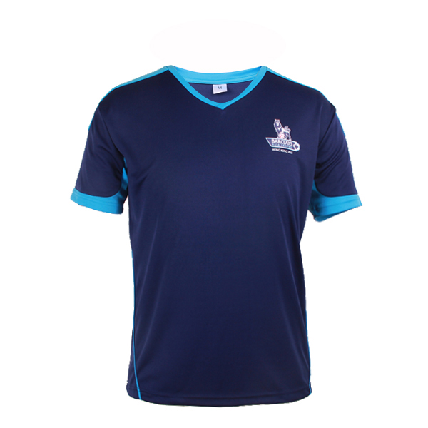 订制深蓝色全涤V领异色领印花T恤男短袖T恤衫运动服