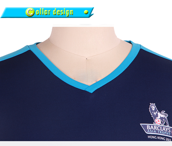 订制深蓝色全涤V领异色领印花T恤男短袖T恤衫运动服
